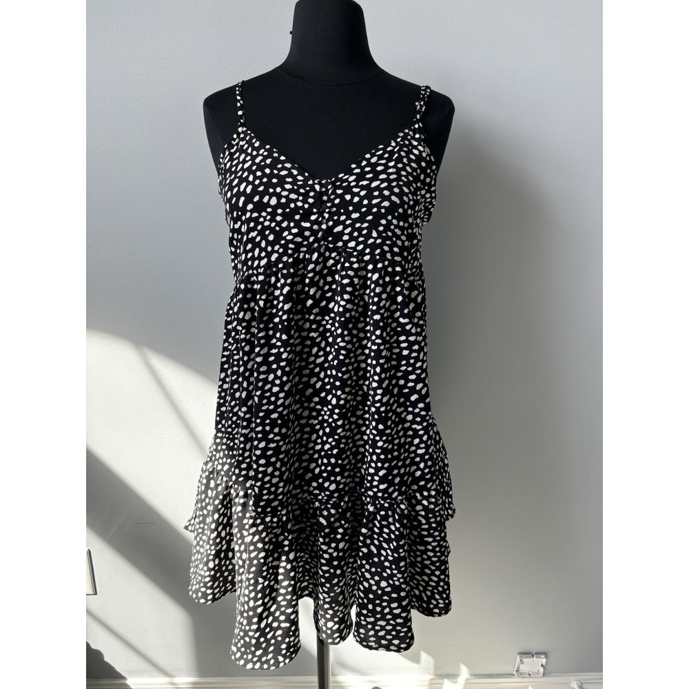 Altar'd State Womens Black White Spotted Tiered Babydoll Mini Dress Size M